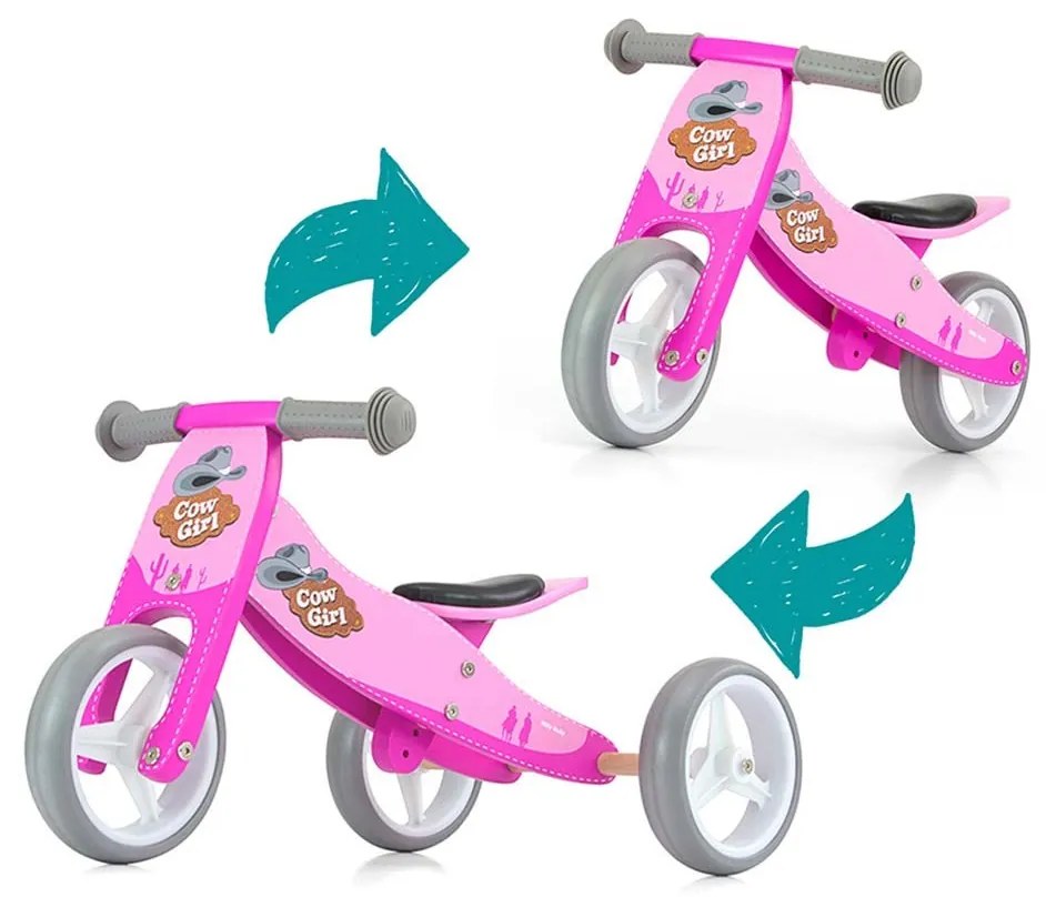 Detské multifunkčné odrážadlo bicykel 2v1 Milly Mally JAKE pink Cowgirl