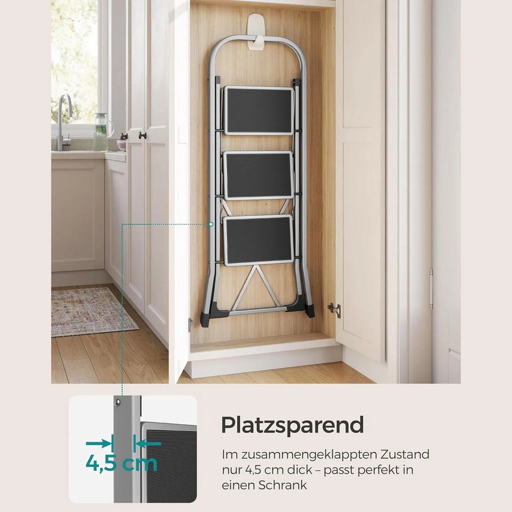 Rebrík, 3-stupňový skladací rebrík, oceľový, nosnosť 150 kg, sivý