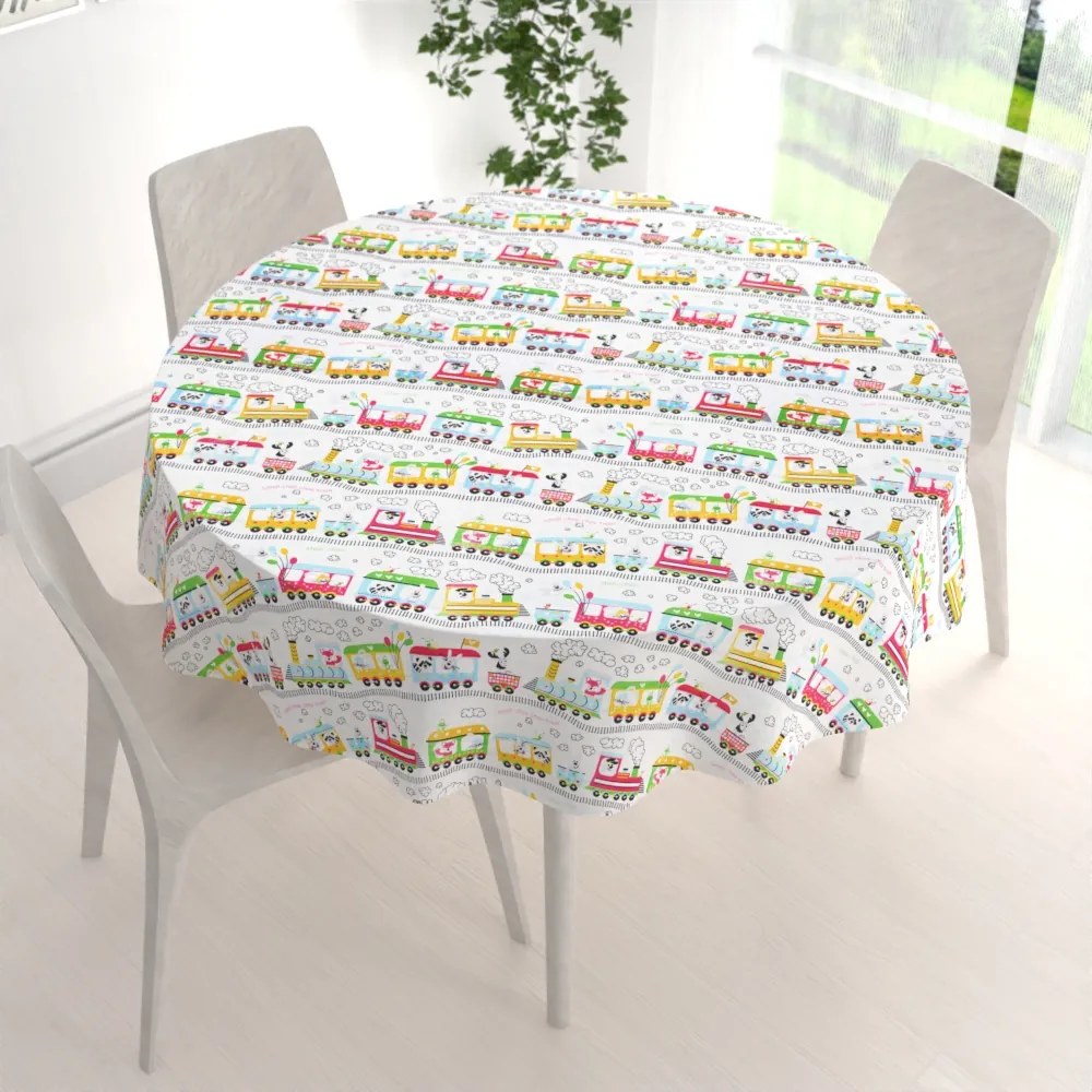 Biante Detský bavlnený okrúhly obrus Sandra SA-328 Vláčik so zvieratkami na bielom Ø 130 cm