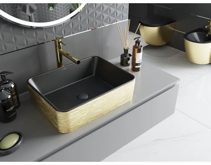 Mexen Catia, umývadlo na dosku 48x37x14 cm, čierna matná-zlatý vzor, 21314877