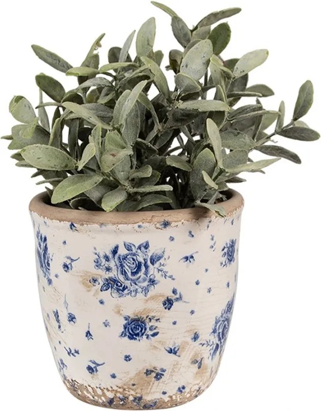 Béžový keramický obal na kvetináč s modrými ružami Blue Rose S - Ø 13*12 cm