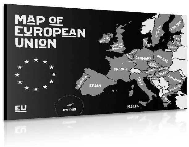 Obraz náučná mapa s názvami krajín európskej únie v čiernobielom prevedení Varianta: 120x80