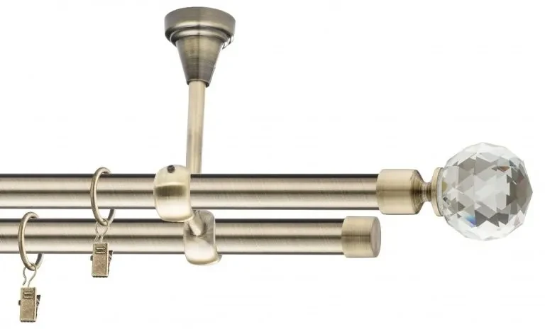 Dekorstudio Stropná mosadzná dvojradová garniža CRYSTAL 19mm Dĺžka: 180cm, Typ uchytenia: Držiak dvojitý modern, Typ príslušenstva: Krúžky tiché so štipcami