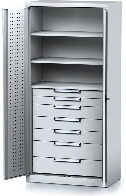 Policová dielenská skriňa 2-dverová MECHANIC, 3 police, 7 zásuviek, 920 x 500 x 1950 mm, sivé dvere