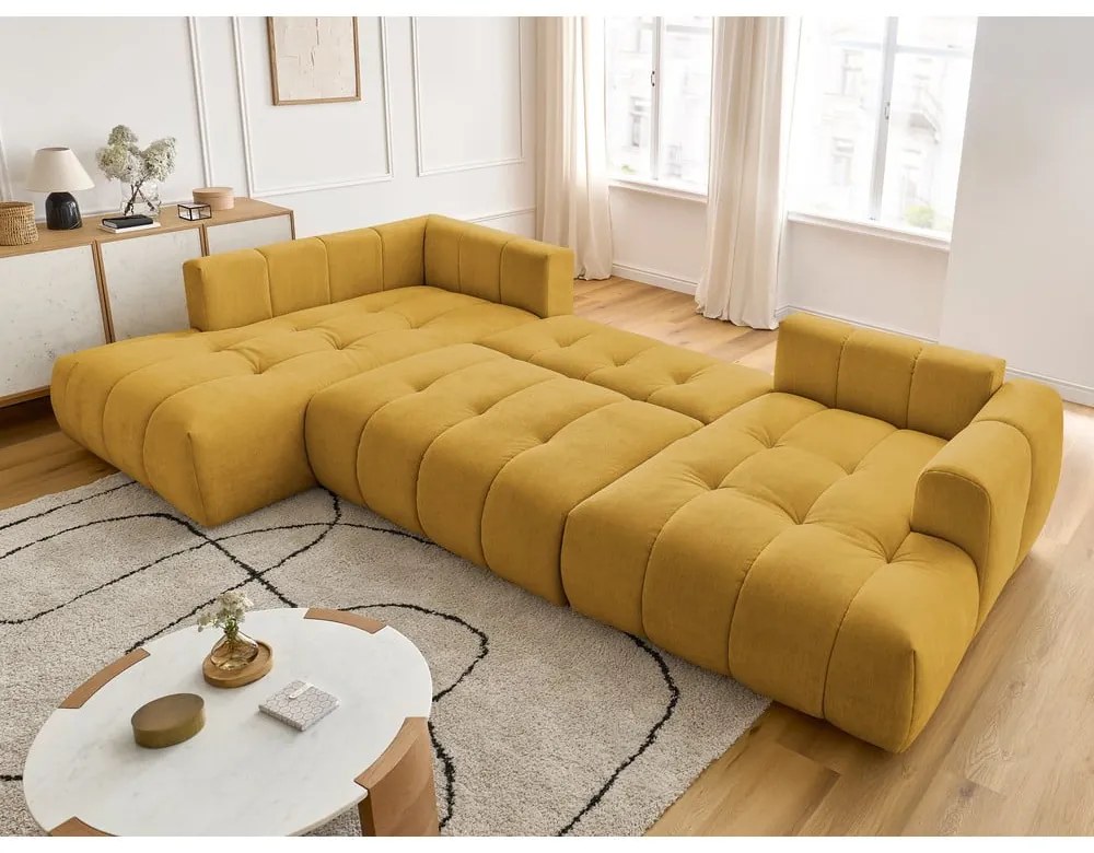 Rozkladacia/s úložným priestorom rohová pohovka v horčicovej farbe (ľavý roh/do tvaru "U") Fuji – Bobochic Paris