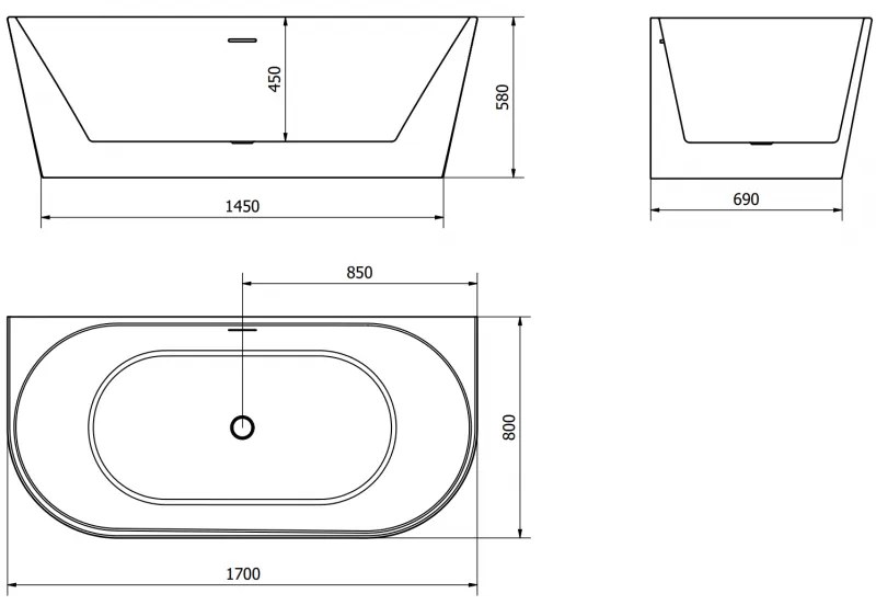 Mexen Oval, voľne stojaca nástenná vaňa 170 x 80 cm, biela, grafitový prepad, 52671708000-66