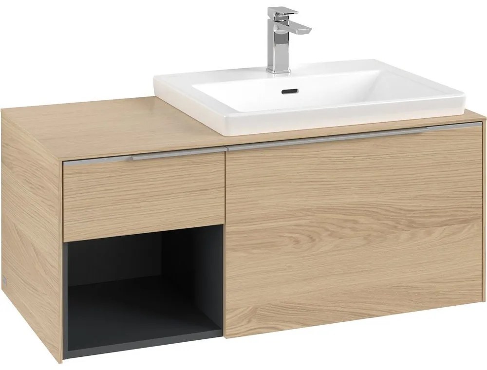 VILLEROY &amp; BOCH Subway 3.0 závesná skrinka pod umývadlo (umývadlo vpravo), 2 zásuvky + regálový prvok, s LED osvetlením, 1001 x 516 x 422,5 mm, Nordic Oak, C571L0VJ