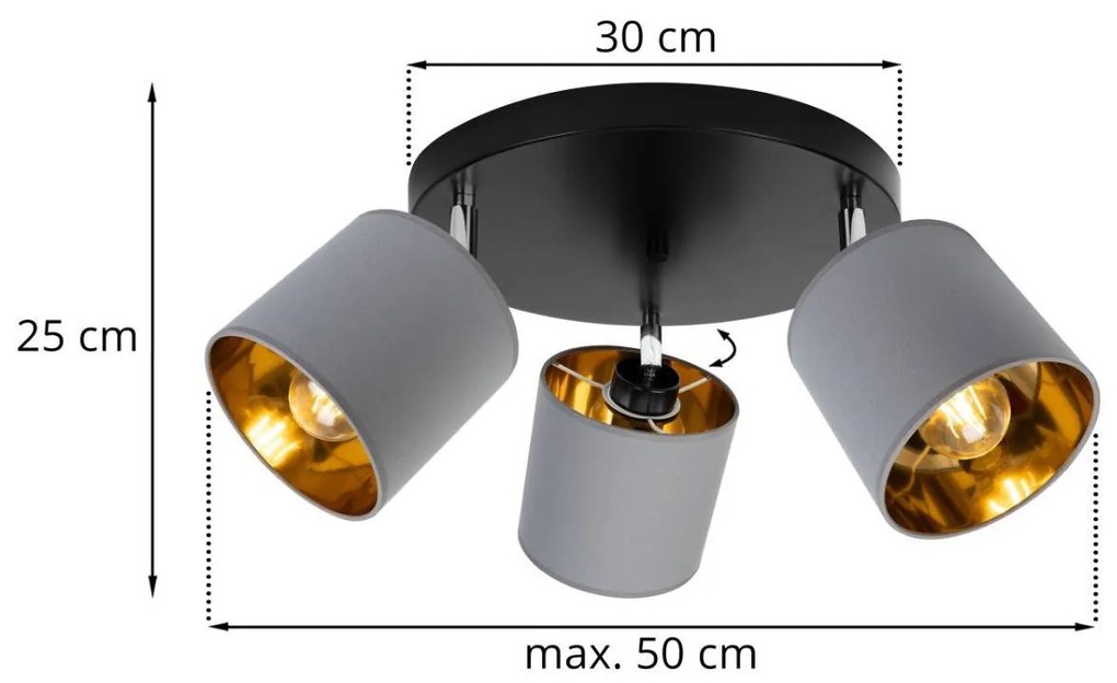 Stropné svietidlo GAMA, 3x šedé textilné tienidlo, (možnosť polohovania), O