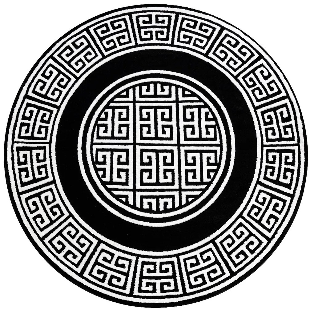 Dywany Łuszczów, Kusový koberec Gloss 6776 85 greek black/ivory kruh, 200x200 (priemer) kruh, čiernobiela, chodba / predsieň