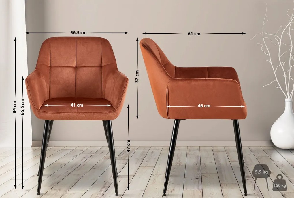 Jedálenská stolička Emia (SET 2 ks) - zamat, kovové nohy čierne - Hnedá