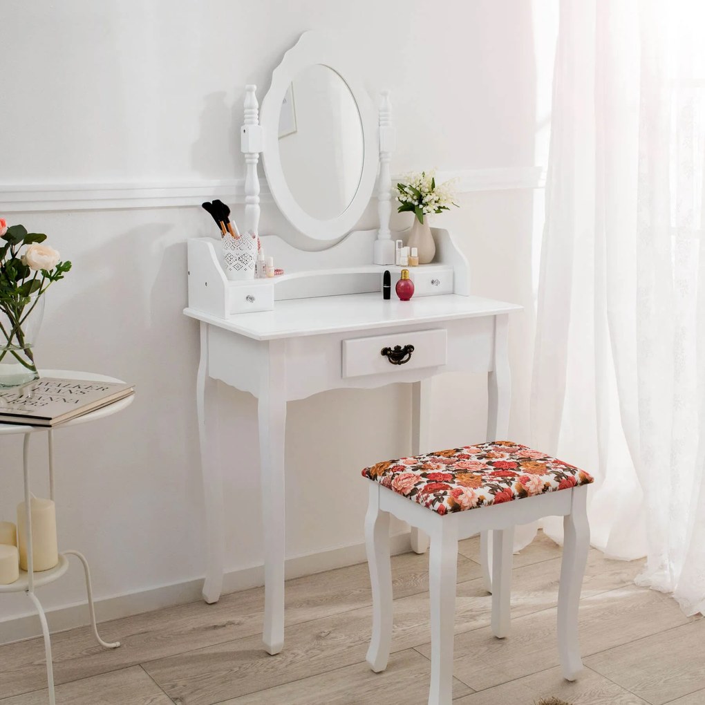 tectake 400787 kozmetický toaletný stolík zrkadlo a stolička - bílá