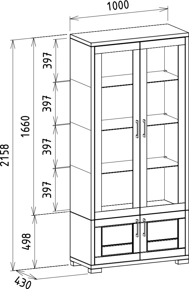 Vysoká presklená moderná dubová vitrína, 100x43x215,8 cm