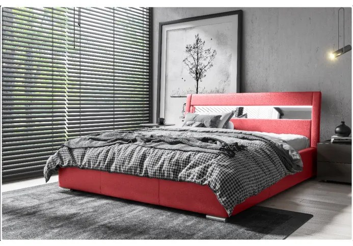 Čalúnená posteľ s úložným priestorom a osvetlením 120x200 LEXI - červená ekokoža