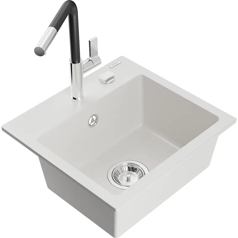 Mexen Milo, 1-komorový granitový drez 435x410x171 mm a drezová batéria Flora, biela, 6505-20-670401-07