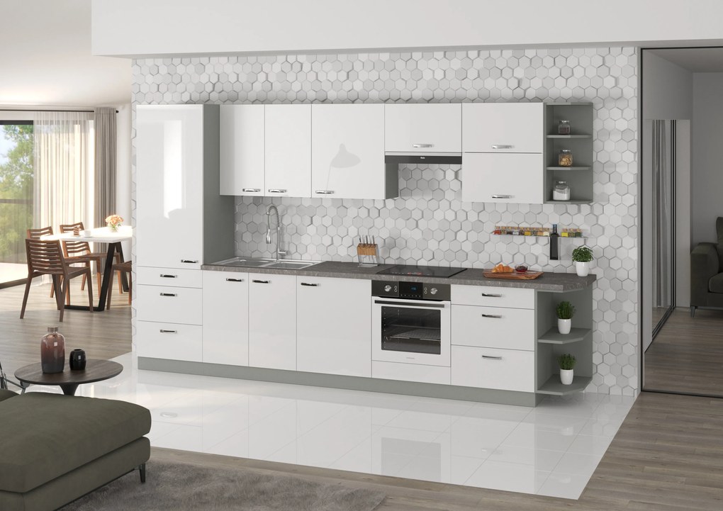 Kuchynská linka Bianka 350 cm - sivá / biely lesk
