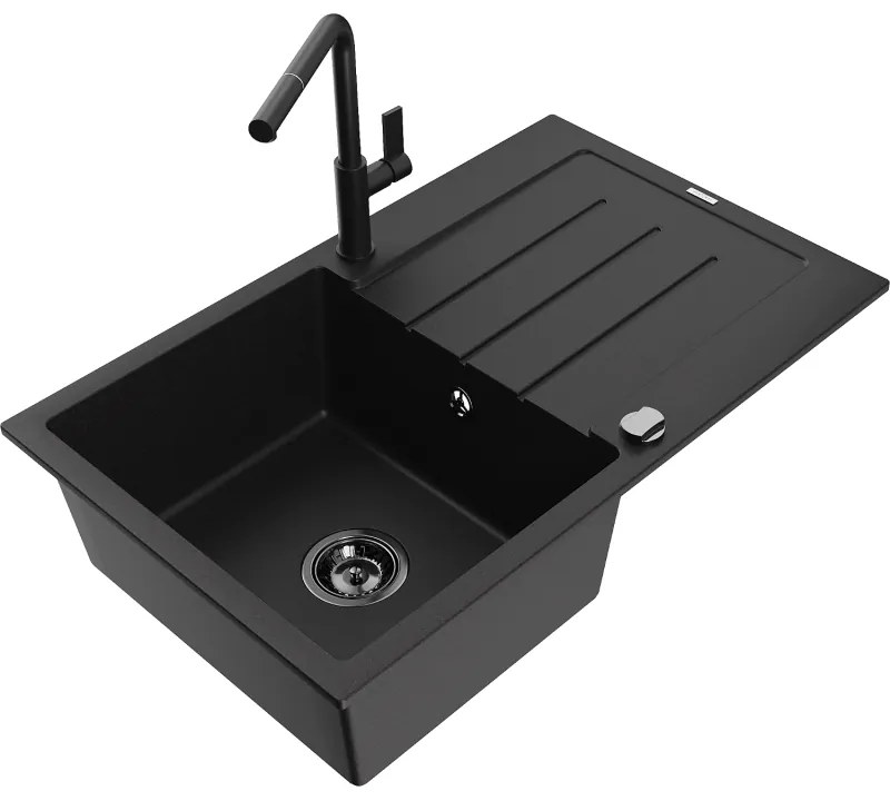 Mexen Bruno, 1-komorový granitový drez 795x495x200 mm a drezová batéria Flora, čierna, 6513-77-670401-70-B