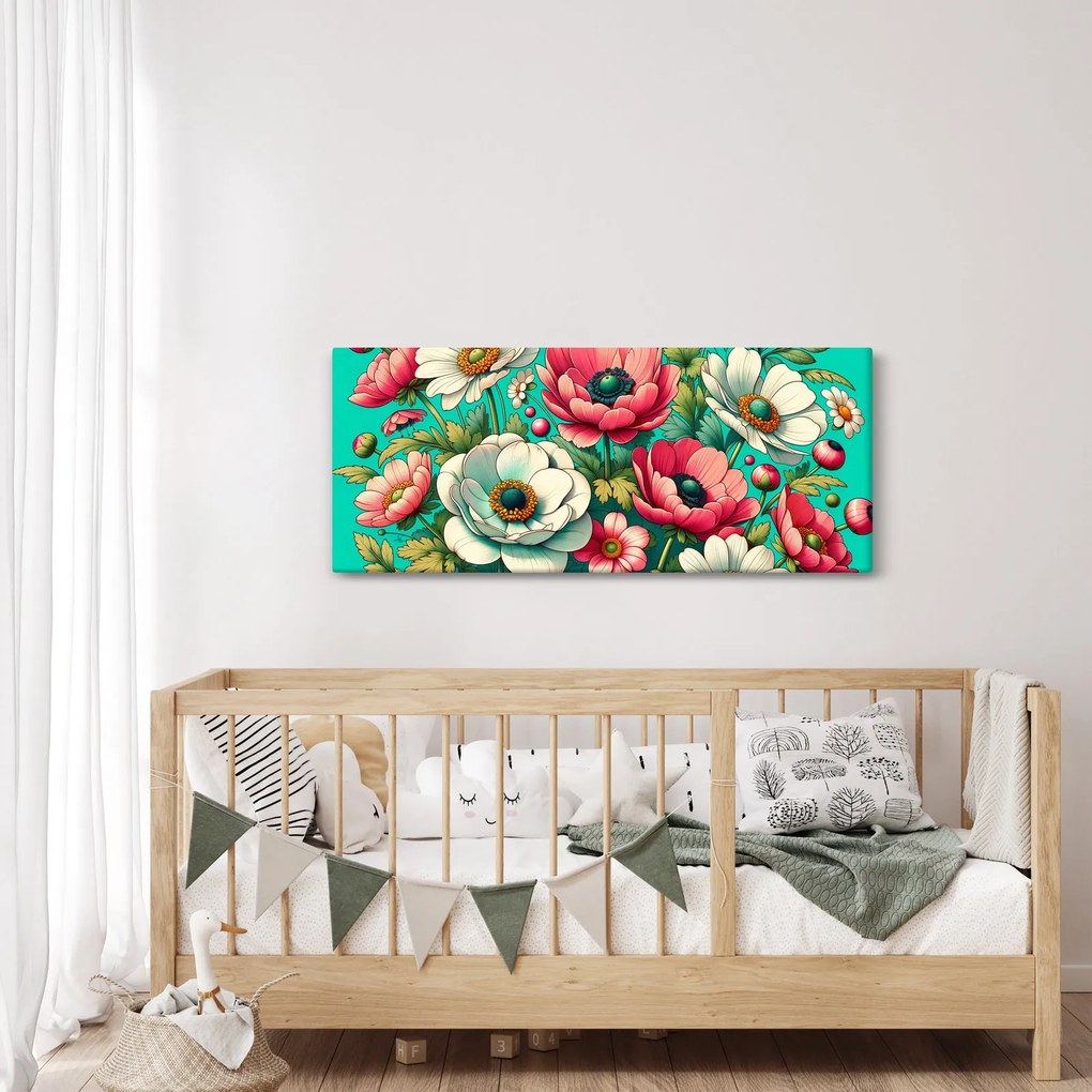 Obraz - Kvety na modrom pozadí (120x50 cm)