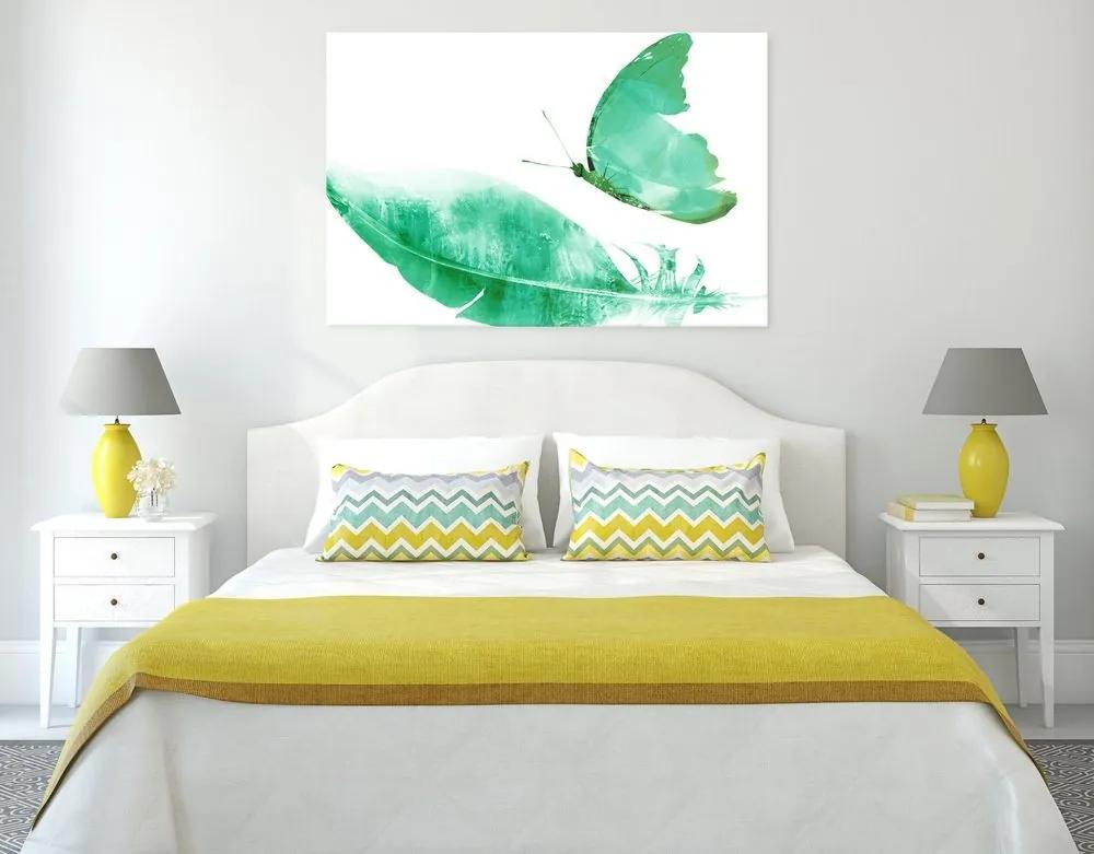 Obraz pierko s motýľom v zelenom prevedení - 90x60