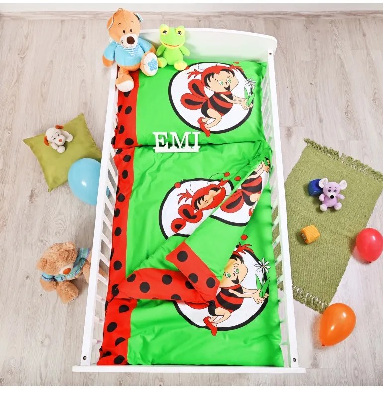 Obliečky detské bavlnené včielky zeleno-červené EMI, Štandardný set jednolôžko obsahuje 1x 140x200 + 1x 70x90