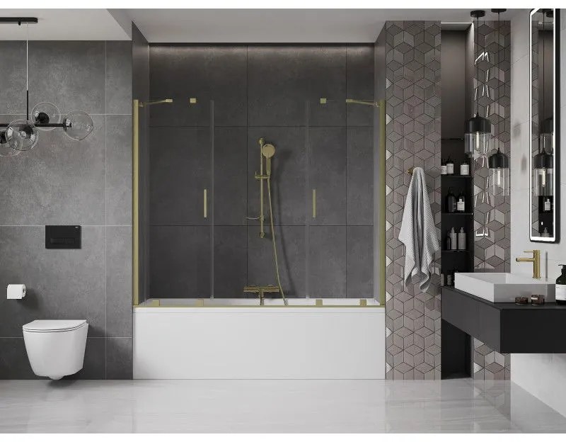 Mexen Velar Duo, 2-krídlová posuvná vaňová zástena 200 x 150 cm, 8mm číre sklo, zlatý matný profil, 896-200-000-02-55