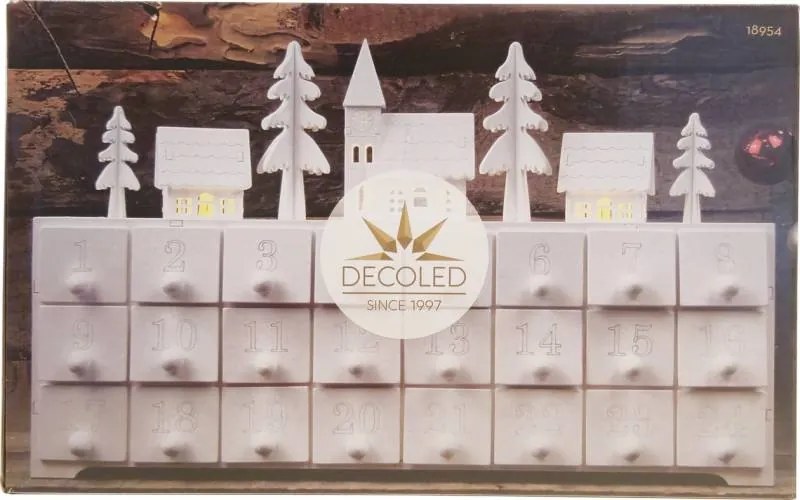 Drevený adventný kalendár LED, 37,5 × 8 × 23 cm, biely, 2× AA