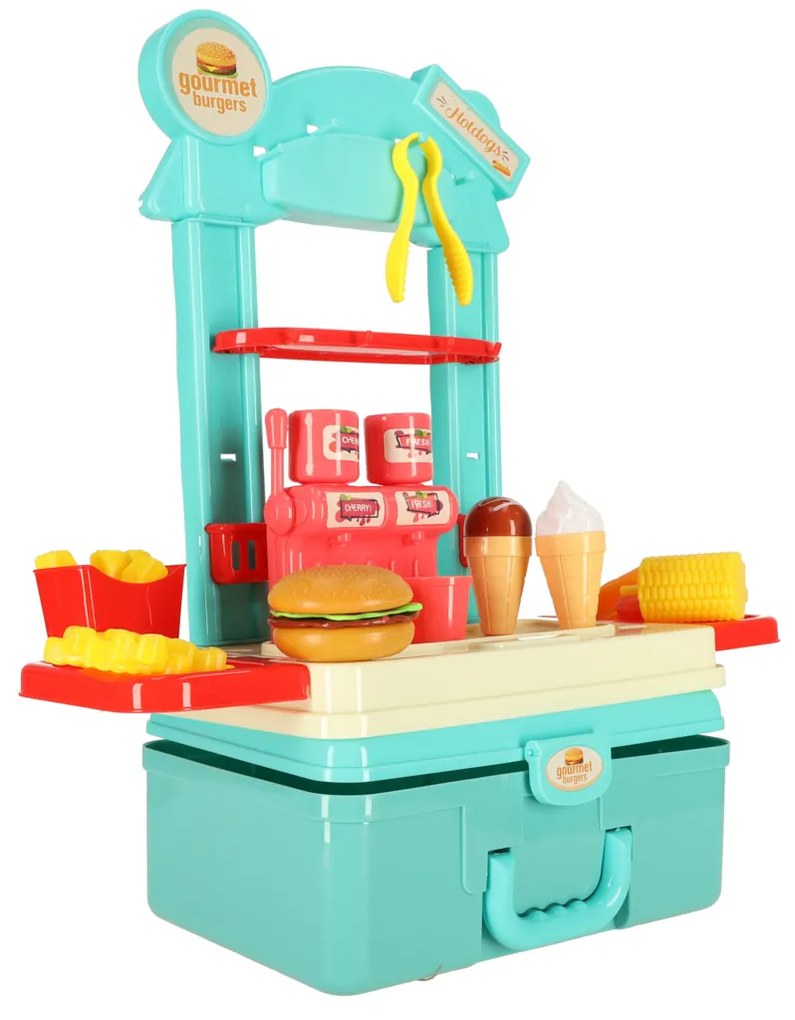 KIK Dětská kuchyňka v kufříku fast food hamburgerová sada zmrzlina hranolky 55cm