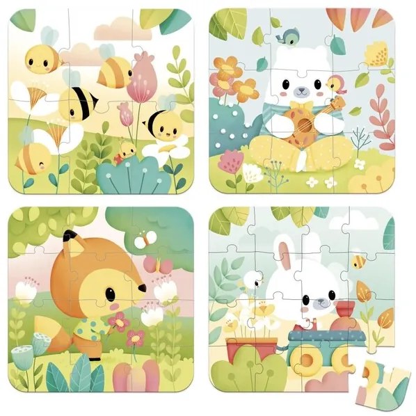 Janod Puzzle 4v1 v kufríku: Zvieratká 6-9-12-16 ks