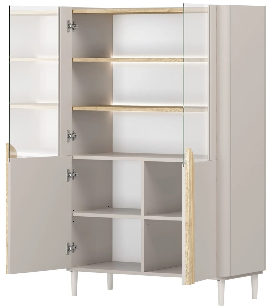 Vitrína Amilio 100 cm dvojdverová na nožičkách - kašmír / olejovaný dub / úchytky svetlý dub