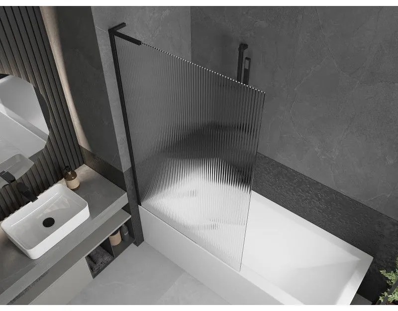 Mexen Next L, 1-krídlová vaňová zástena 100 x 150 cm, 6mm sklo s rebrovým vzorom, čierny profil, 895-100-000-03-09-70