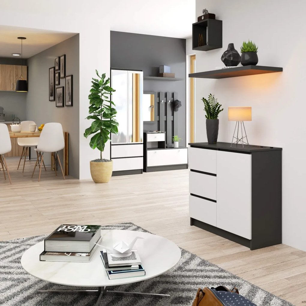 Komoda JERRY K 80 cm jedny dvere 3 zásuvky šedá/biela