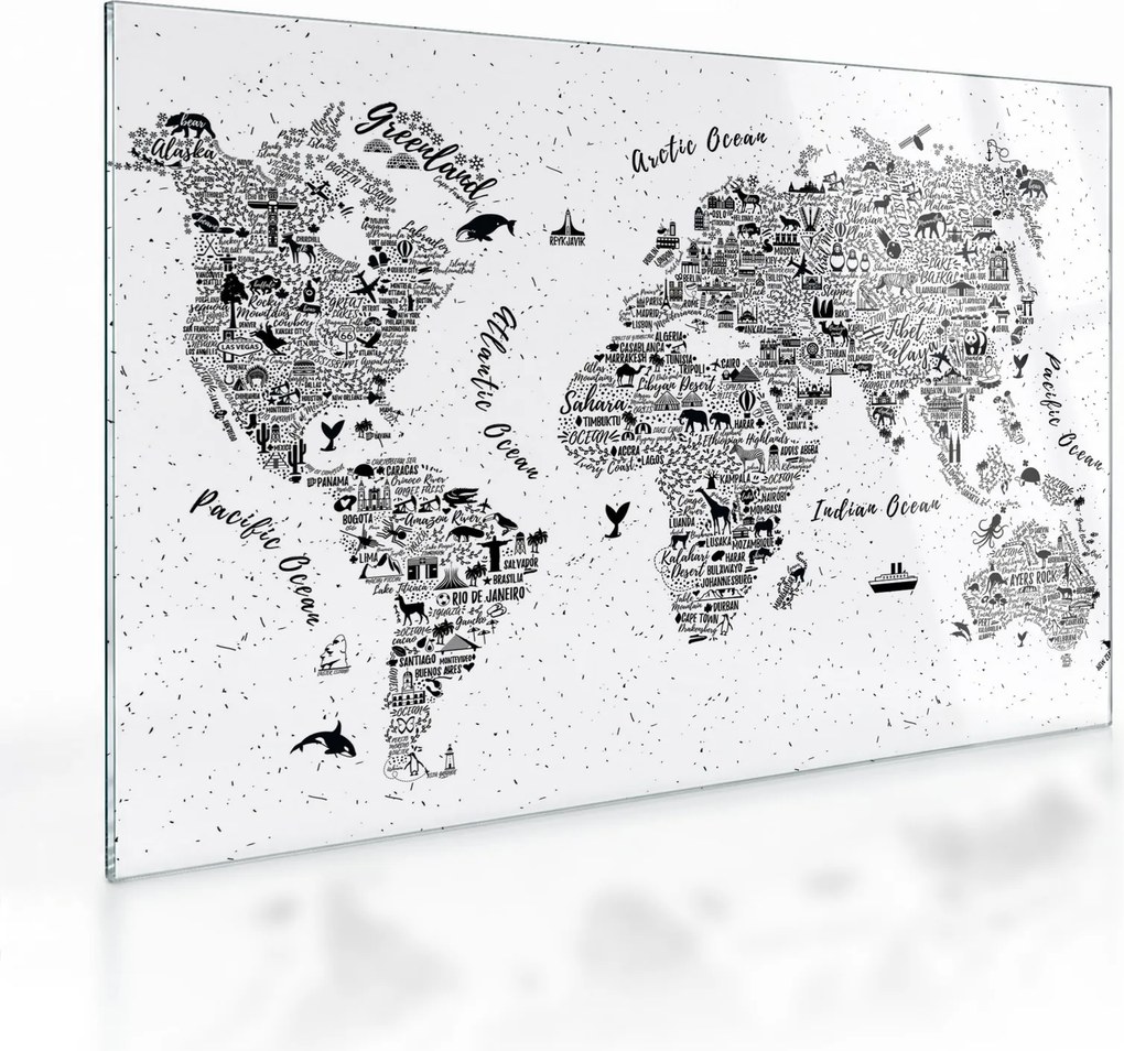 Sklenený obraz - Mapa z piktogramov (70x50 cm)