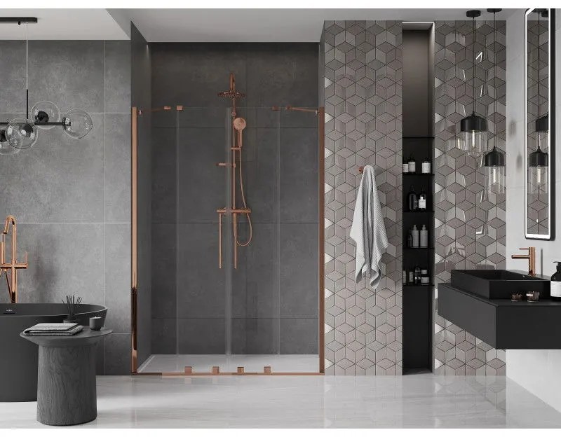 Mexen Velar Duo, posuvné dvere do otvoru 160x200 cm, 8mm číre sklo, ružové zlato, 871-160-000-02-60