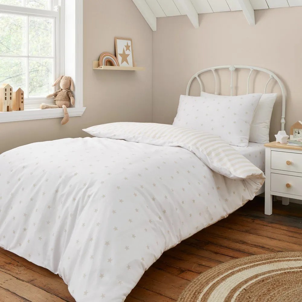Biele/béžové bavlnené detské obliečky na dvojlôžko 200x200 cm Mini Star &amp; Stripes – Bianca