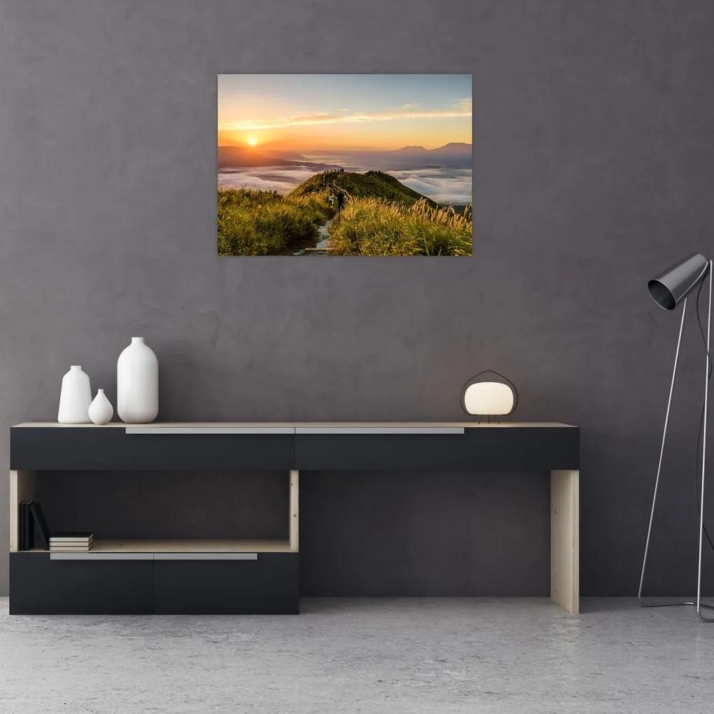 Sklenený obraz hory pri západe slnka (70x50 cm)