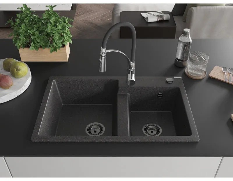 Mexen Tomas, 2-komorový granitový drez 800x500x190 mm a drezová batéria Aster, čierna škvrnitá, 6516-76-73450-07-B