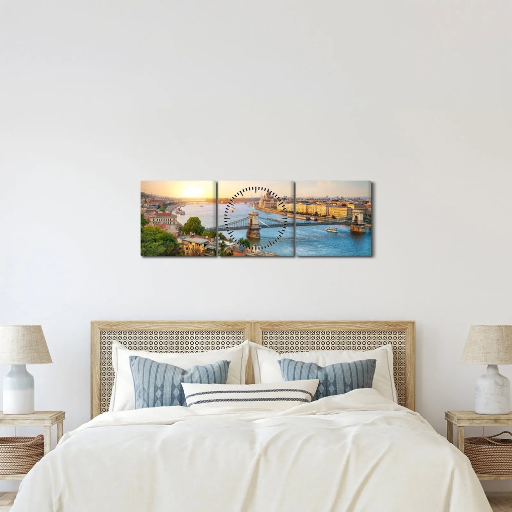 Obraz mesta Budapešť s riekou (s hodinami) (90x30 cm)
