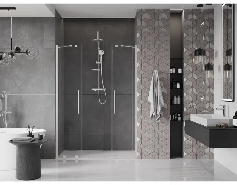 Mexen Velar Duo, posuvné sprchové dvere do otvoru 140 cm, 8mm číre sklo, brúsená oceľ, 871-140-000-02-97