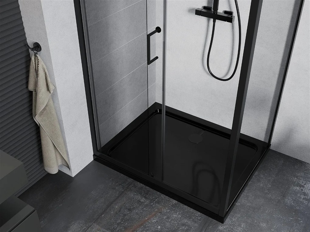 Mexen Apia sprchovací kút s posuvnými dverami 120 (dvere) x 100 (stena) cm, 5mm číre sklo, čierny profil + čierna sprchová vanička s čiernym sifónom, 840-120-100-70-00-4070B