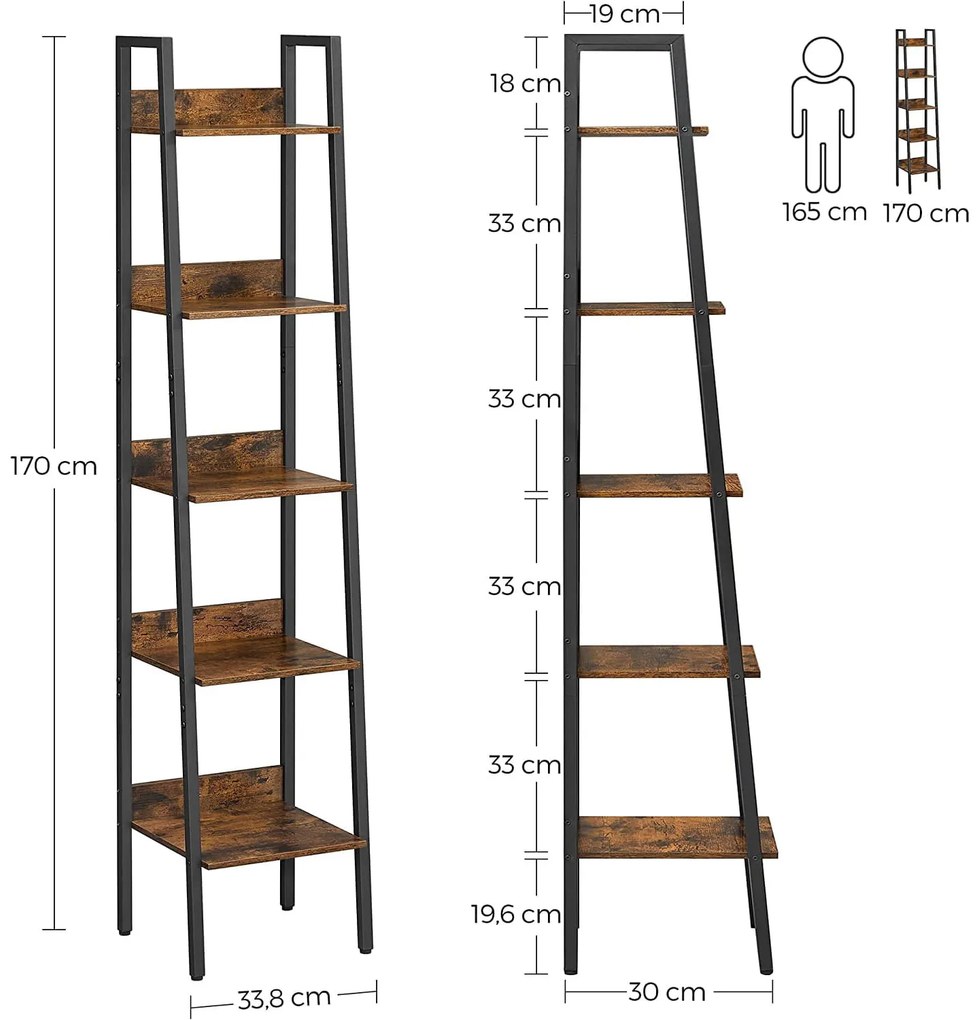 Regál TAYLOR 5 políc 170x33,8 cm, rustikálne hnedý