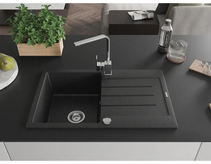 Mexen Bruno, drez granitový 795x495x200 mm, 1-komorový, čierna-strieborná metalíza s chrómovým sifónom a chrómová drezová batéria Rita, 6513-73-670300-00