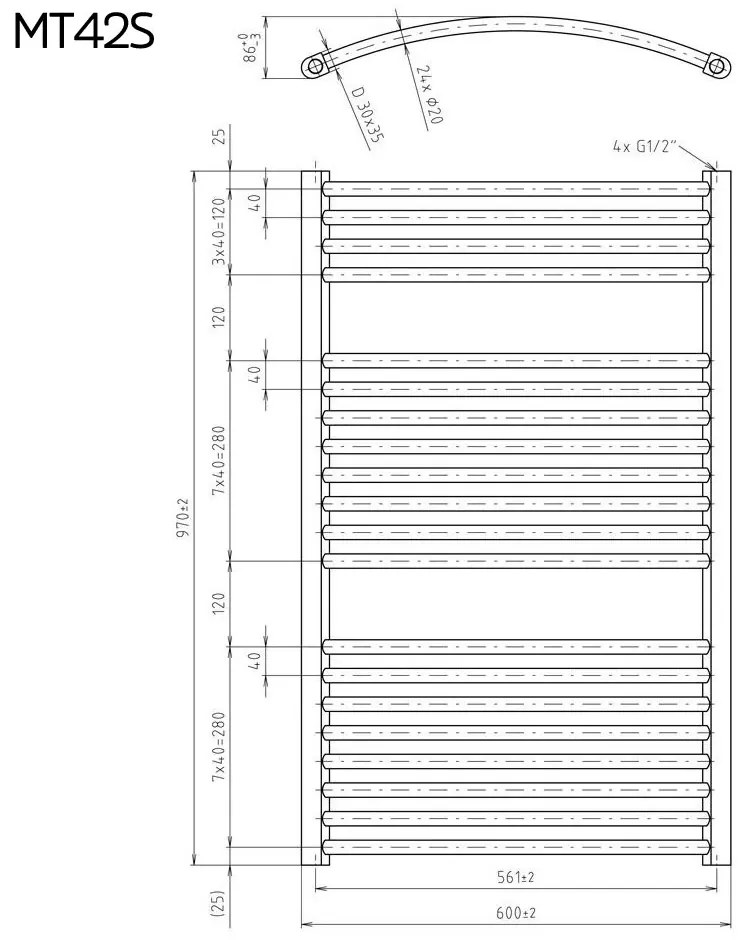 Mereo Mereo, Vykurovací rebrík, 600x1330 mm, 1003 W, oblý, biely, stredové pripojenie, MER-MT42S