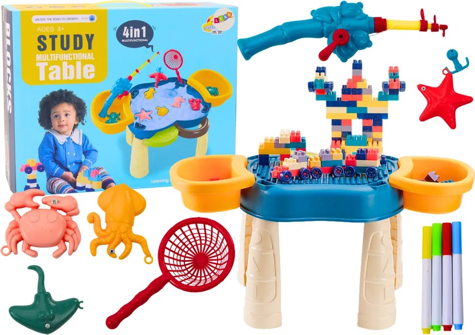 LEAN Toys Multifunkčný stôl 4v1 kocky rybolov kreslenie modrý
