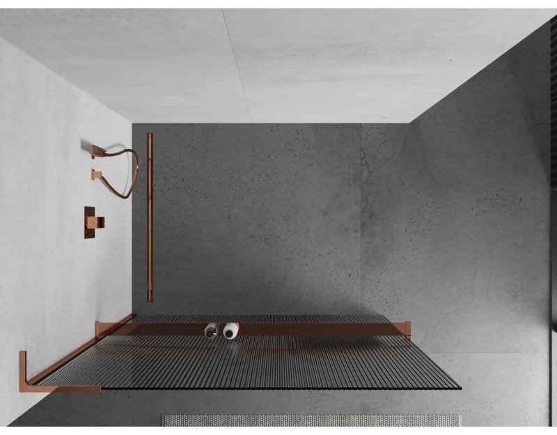 Mexen Kioto+ L, sprchová zástena Walk-In s poličkou a vešiakom 120 x 200 cm, 8mm sklo s rebrovým vzorom, ružové zlato profil, 800-120-123-60-09