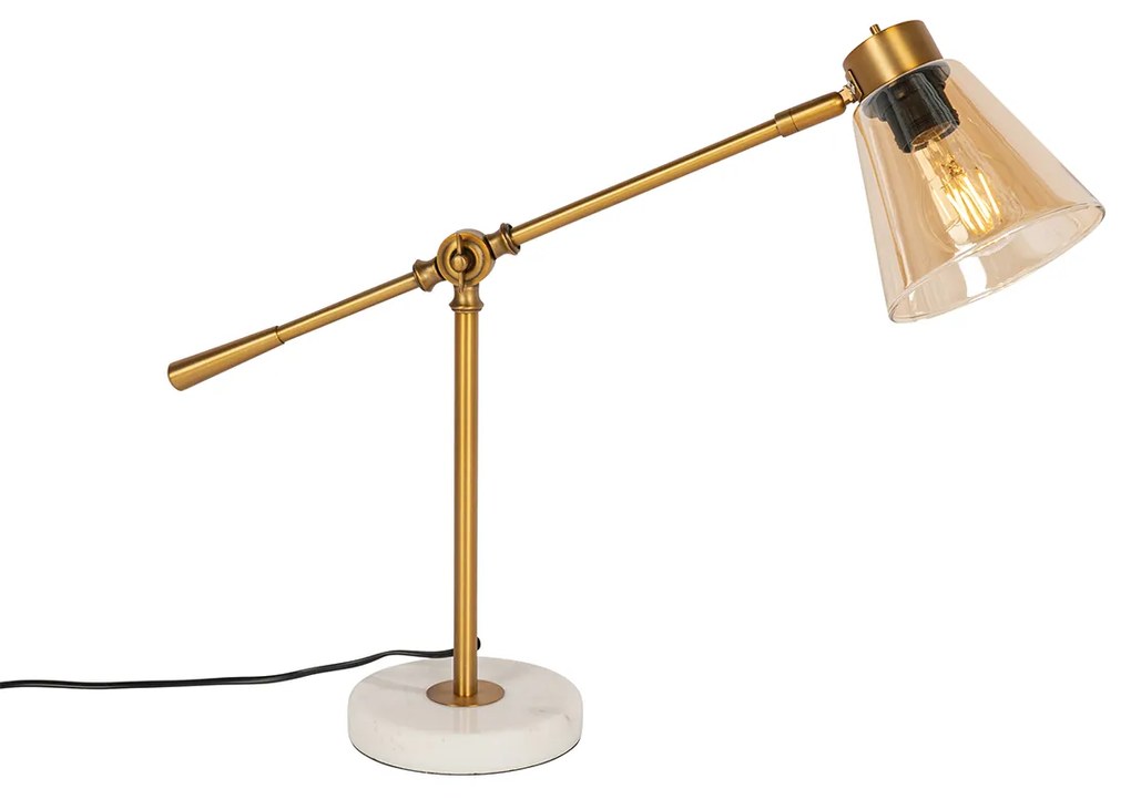 Stolná lampa v štýle Art Deco bronzová s mramorom a jantárovým sklom - Nina