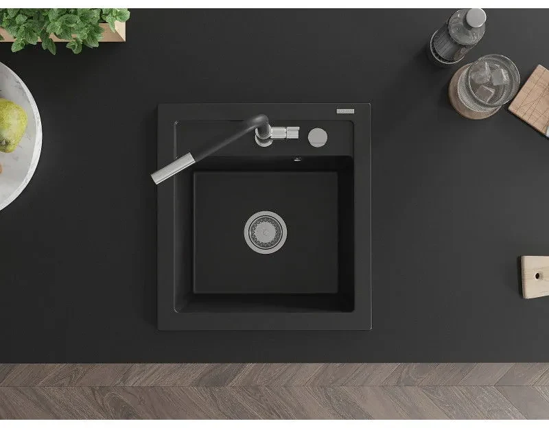 Mexen Vito, 1-komorový granitový drez 490x520x210 mm a drezová batéria Flora, čierna, 6503-77-670401-07