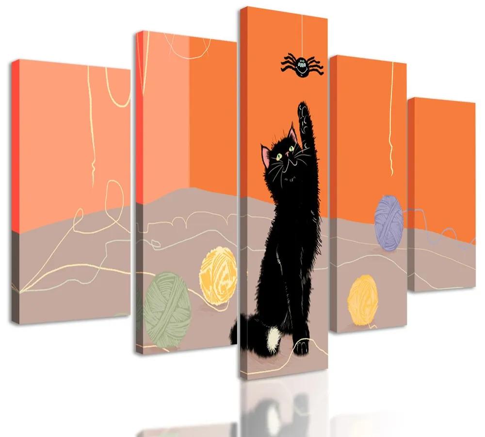 5-dielny obraz umelecké stvárnenie hravej čiernej mačky