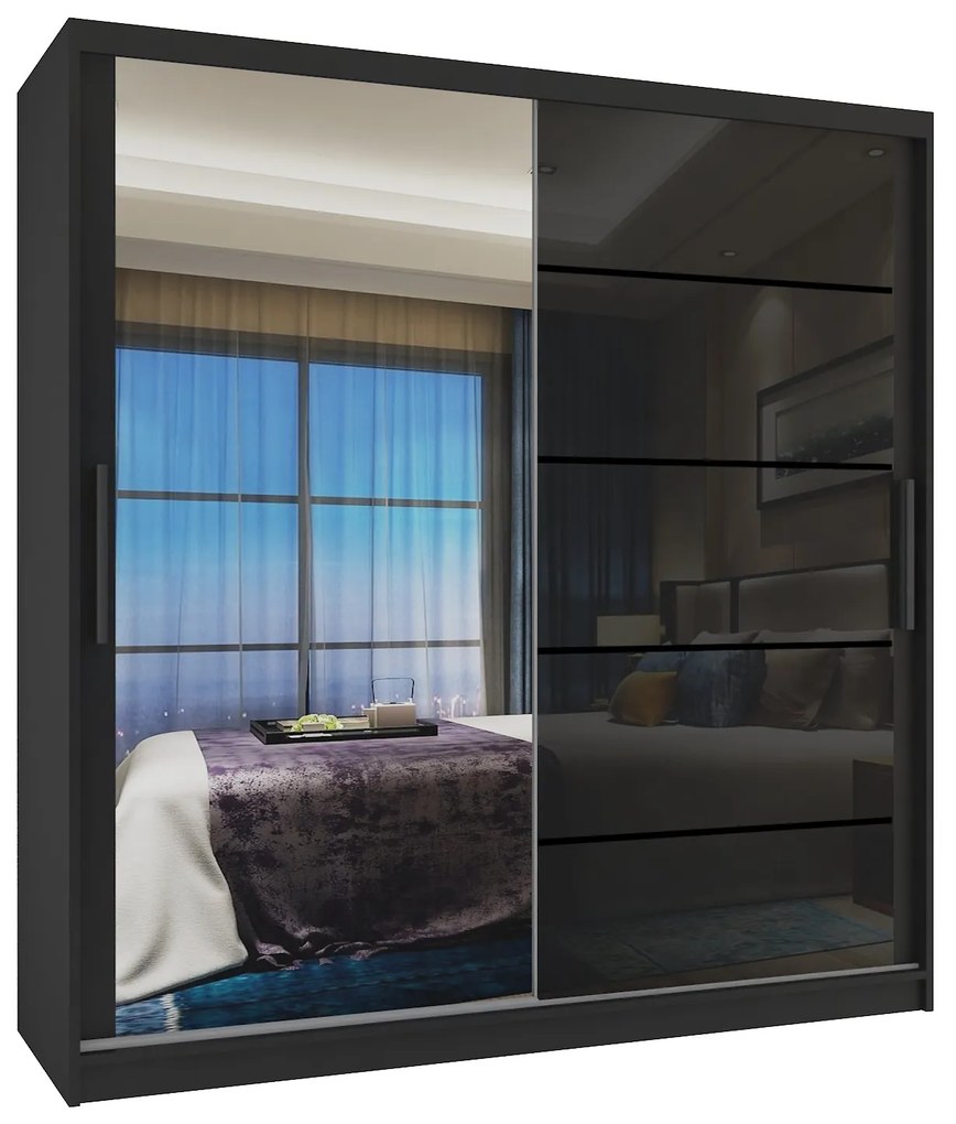 Šatníková skriňa 158 cm Belini čierny mat / čierny lesk s posuvnými dverami zrkadlom a zásuvkami  MGB SZP7/0/B/1L5B/KLP