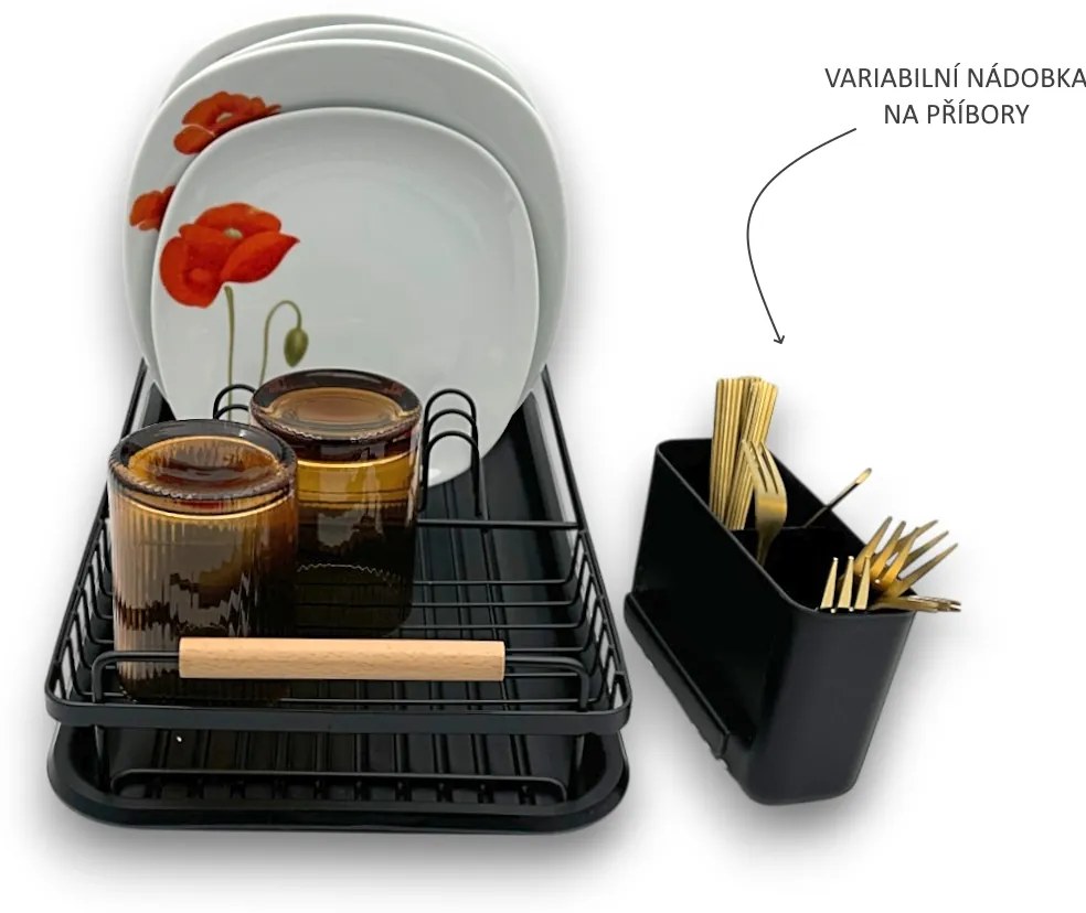 Orion Odkvapkávač na riad, čierny s drevenými rúčkami, malý, 43 x 23 cm, RADKA