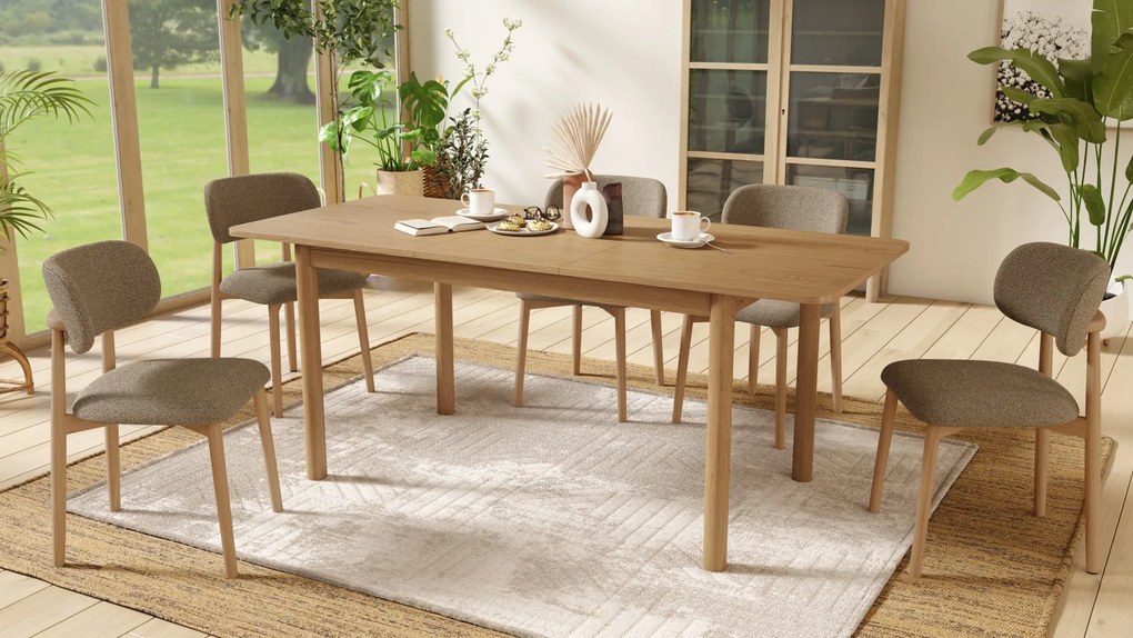 ALDO Hnedá Taupe (látka Monza 40) / lakovaný dubový rám – DREVENÁ BOUCLÉ STOLIČKA DO OBÝVAČKY, JEDÁLNE A KUCHYNE V RETRO ŠTÝLE