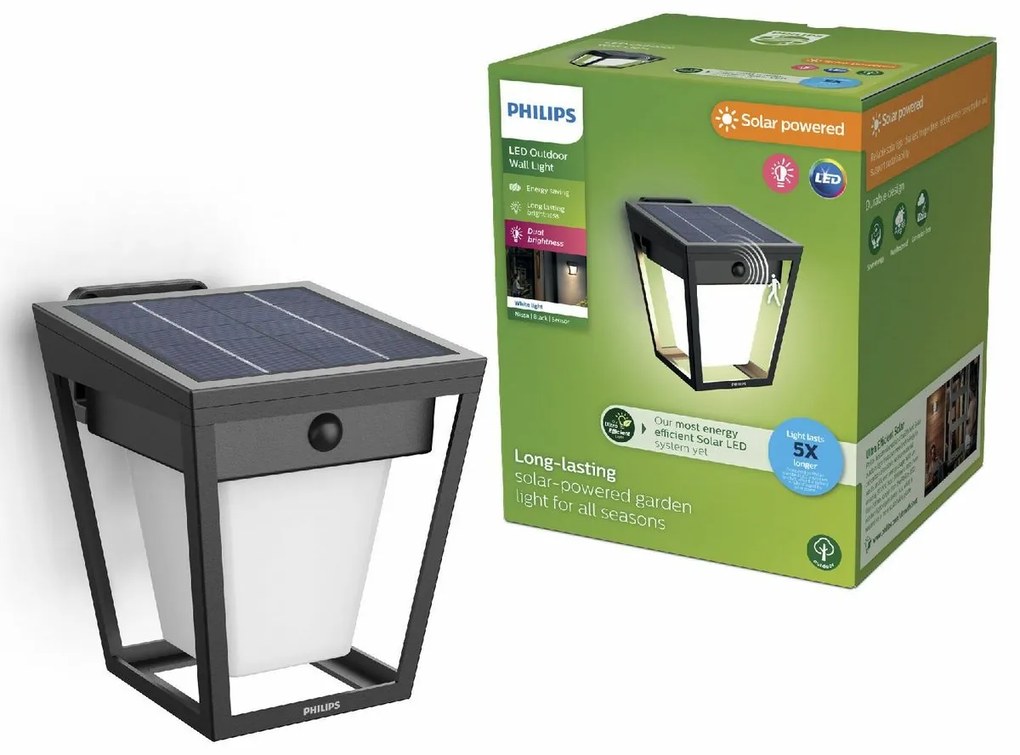 Philips Nissa UltraEfficient solárne LED svietidlona stenu, senzor, čierne, 1,8 W, 250/25 lm, 3000 K